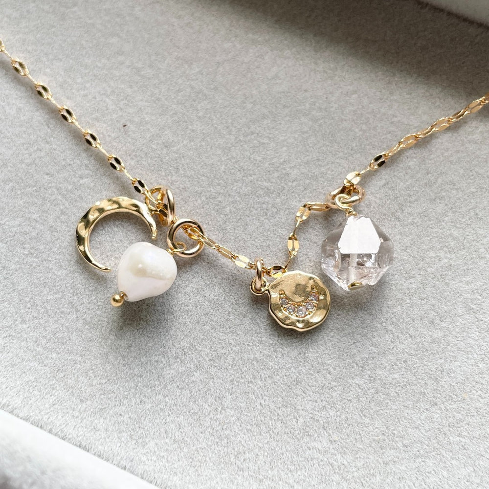 
            
                Load image into Gallery viewer, April Birthstone | Herkimer Moon Charm Necklace (Gold Plated)
            
        