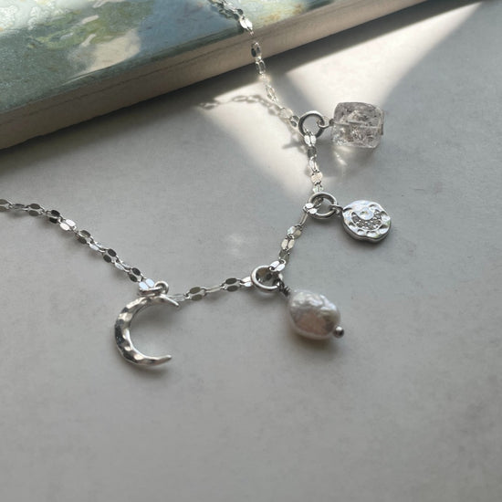 Load image into Gallery viewer, April Birthstone | Herkimer Moon Charm Necklace (Silver)
