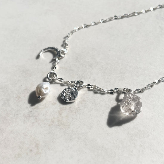 Load image into Gallery viewer, April Birthstone | Herkimer Moon Charm Necklace (Silver)
