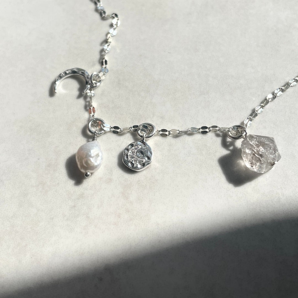 
            
                Load image into Gallery viewer, April Birthstone | Herkimer Moon Charm Necklace (Silver)
            
        