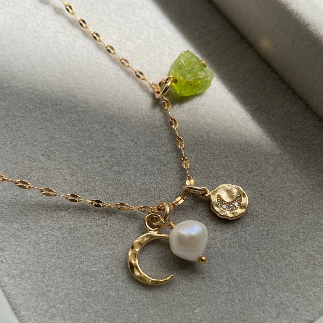 Load image into Gallery viewer, Peridot Moon Charm Necklace | Wellbeing (Gold Plated)
