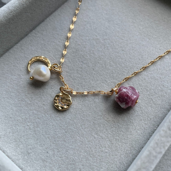 Pink Tourmaline Moon Charm Necklace | Love (Gold Plated)