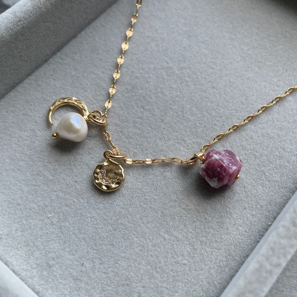 October Birthstone | Pink Tourmaline Moon Charm Necklace (Gold Plated)