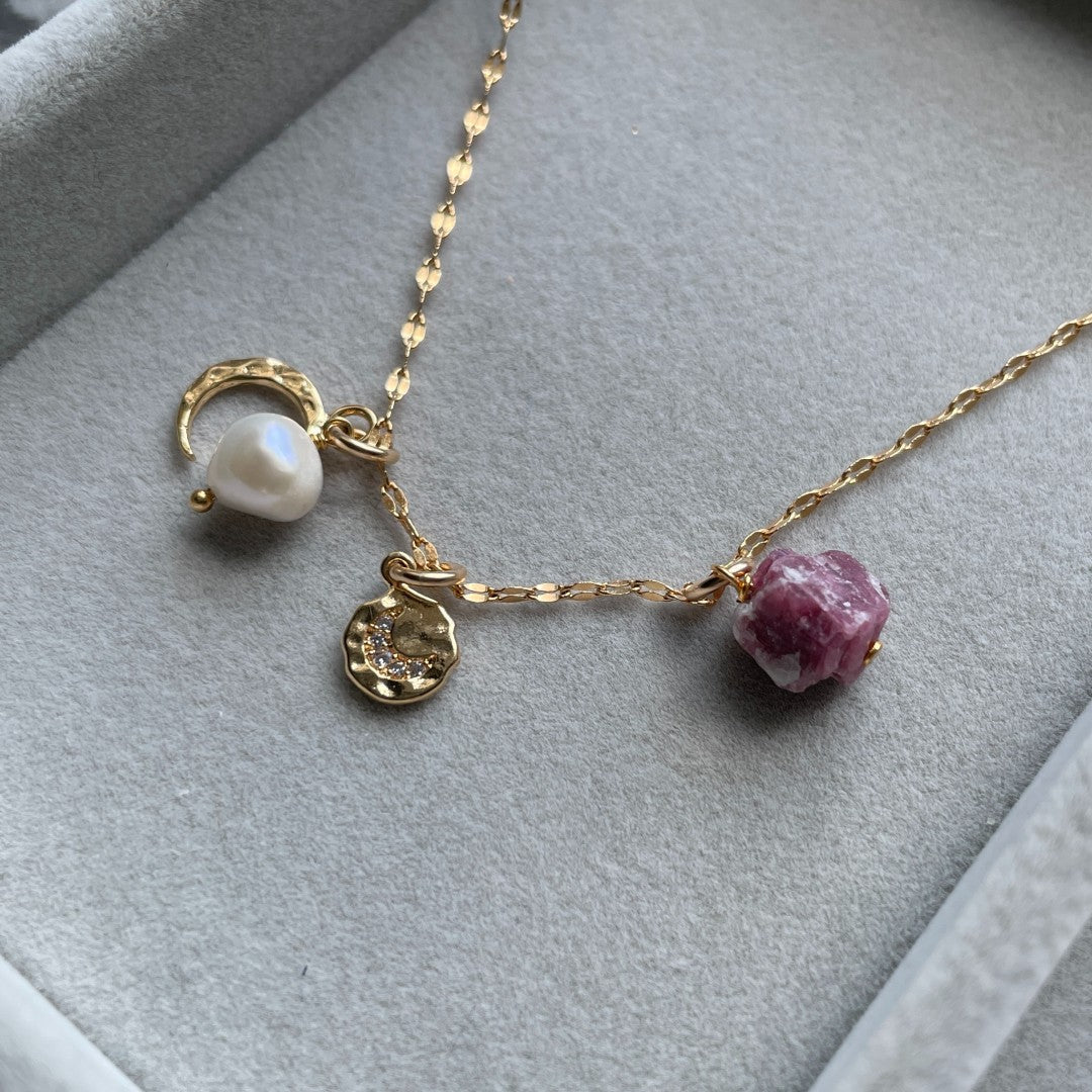 October Birthstone | Pink Tourmaline Moon Charm Necklace (Gold Plated)