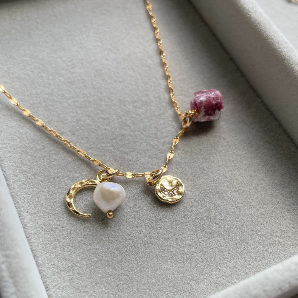 Pink Tourmaline Moon Charm Necklace | Love (Gold Plated)