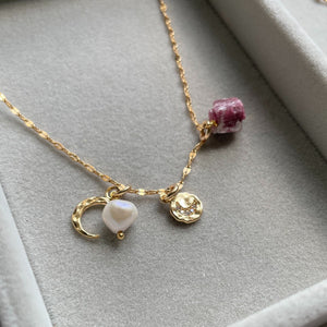 
            
                Load image into Gallery viewer, October Birthstone | Pink Tourmaline Moon Charm Necklace (Gold)
            
        