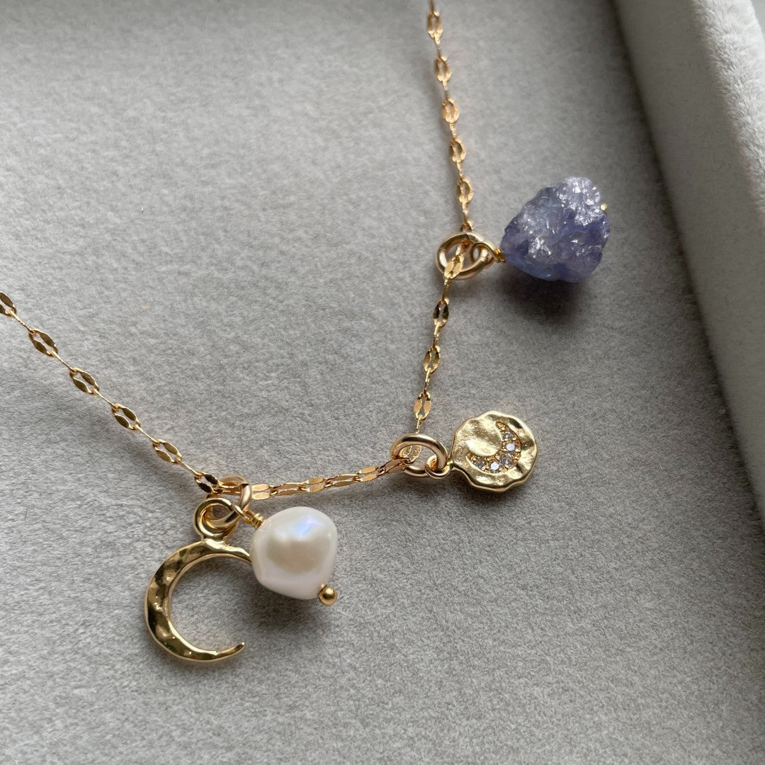 December Birthstone |Tanzanite Moon Charm Necklace (Gold)