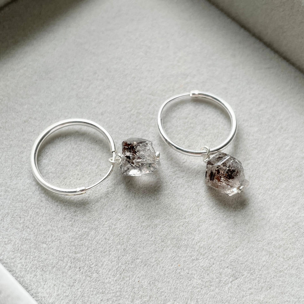 April Birthstone | Herkimer Diamond Threaded Hoop Earrings (Silver)