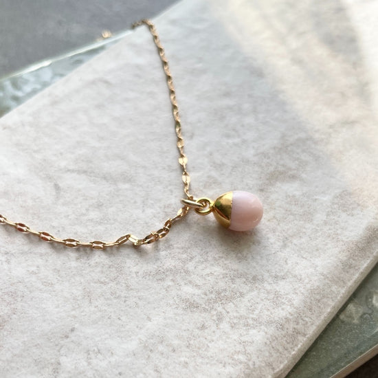 October Birthstone | Pink Opal Tiny Tumbled Vintage Chain Necklace (Gold Plated)