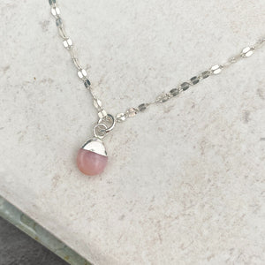 October Birthstone | Pink Opal Tiny Tumbled Vintage Chain Necklace (Silver)
