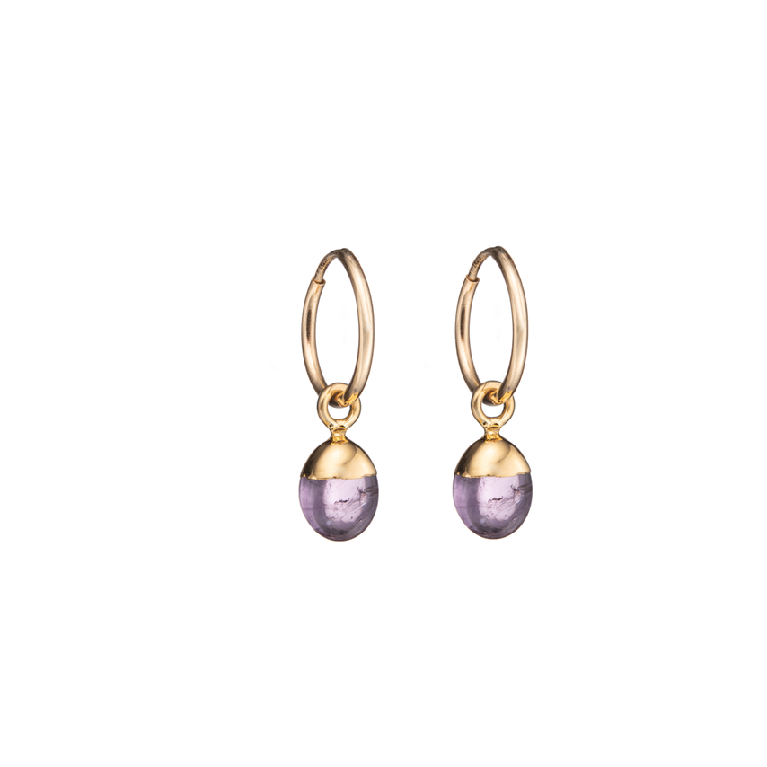 February Birthstone, Amethyst Hoop Earrings, Tiny Tumbled, Gold | Decadorn