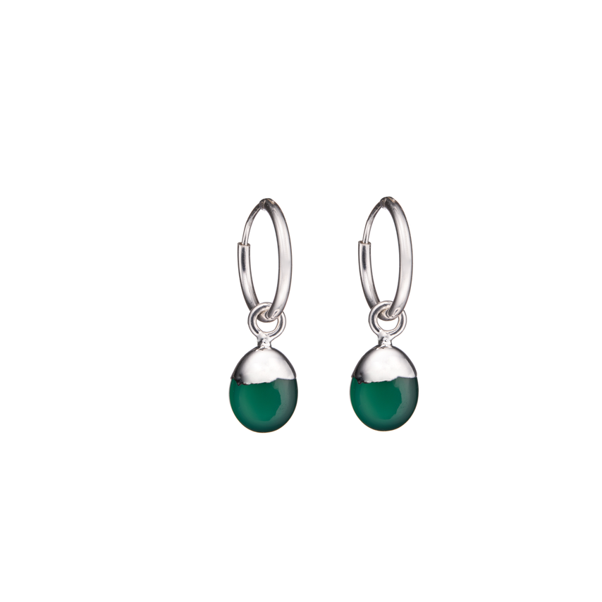 Tiny Tumbled Gemstone Hoop Earrings - Silver - Green Agate (Protection) - Decadorn