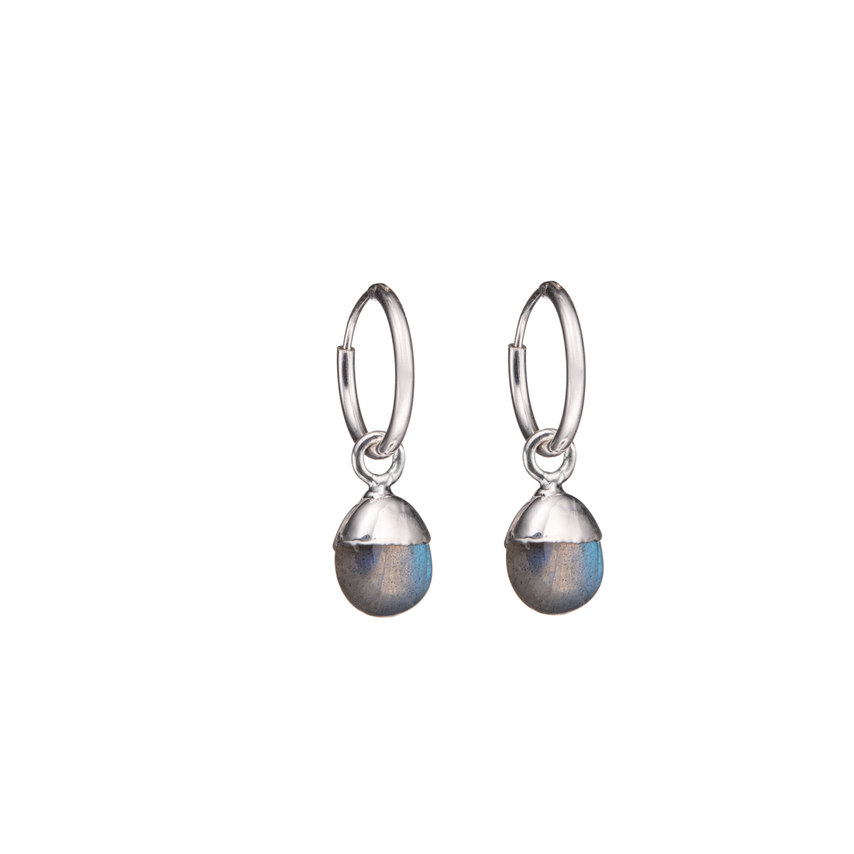 Tiny Tumbled Gemstone Hoop Earrings - Silver - Labradorite (Adventure) - Decadorn