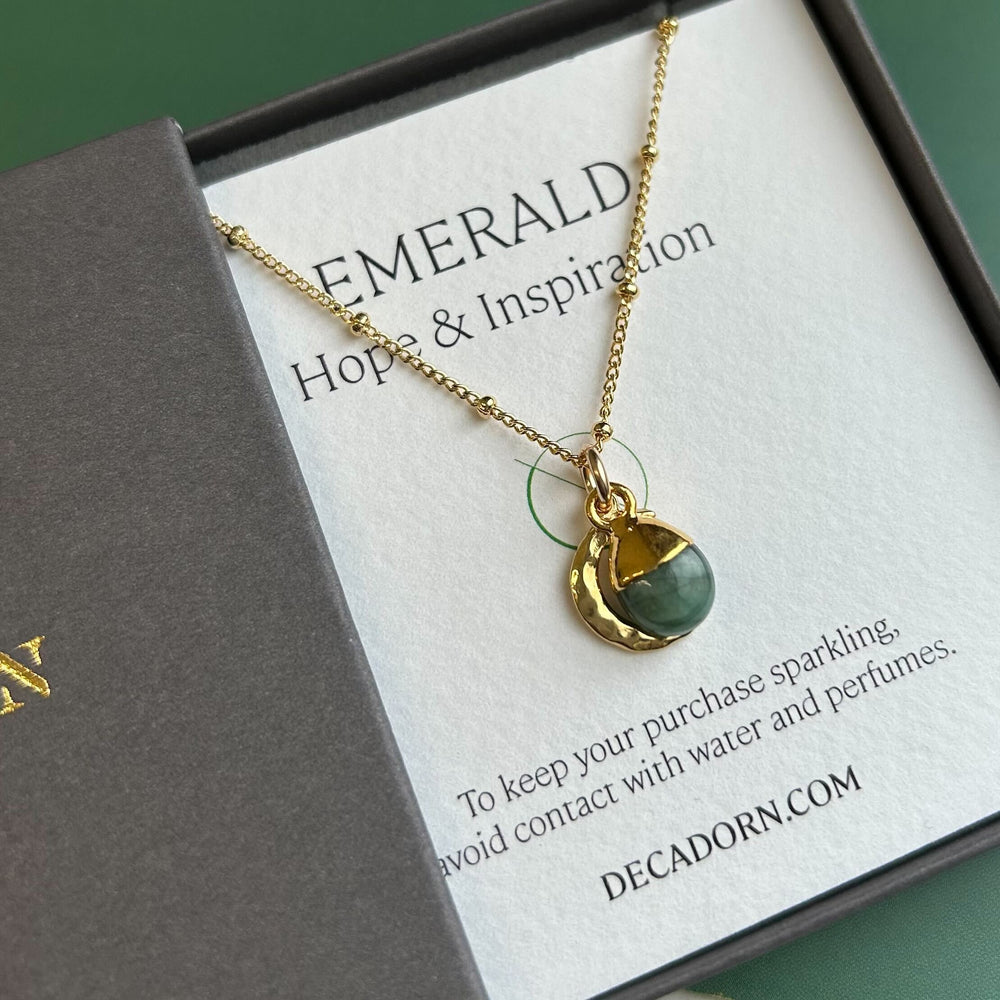 
            
                Load image into Gallery viewer, May Birthstone | Emerald &amp;amp; Moon Necklace (Gold Plated)
            
        