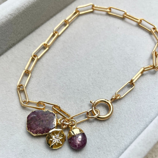 July Birthstone | Ruby Gem Slice Triple Chunky Chain Bracelet (Gold Plated)