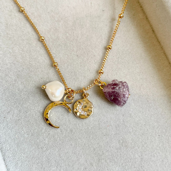 July Birthstone | Ruby Moon Charm Satellite Necklace (Gold Plated)