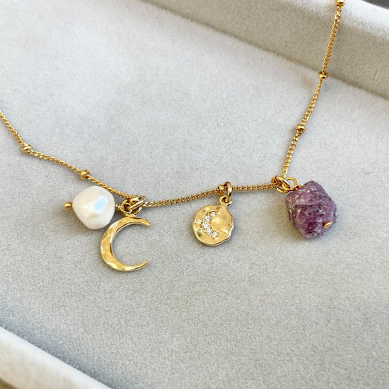 July Birthstone | Ruby Moon Charm Satellite Necklace (Gold Plated)