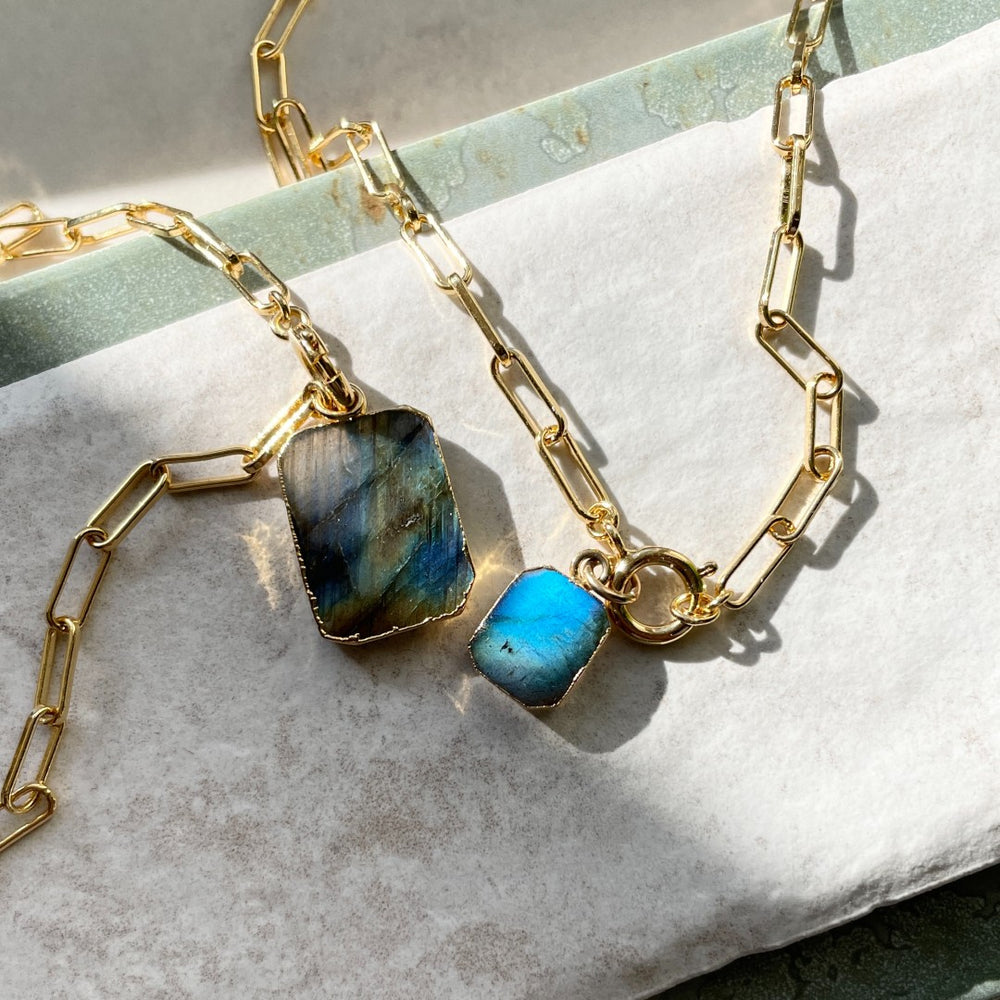 
            
                Load image into Gallery viewer, Labradorite Statement Gem Slice Chunky Chain Necklace | Adventure (Gold Plated)
            
        