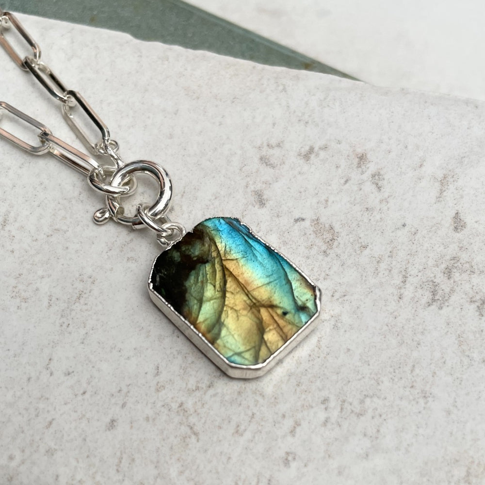 
            
                Load image into Gallery viewer, Labradorite Statement Gem Slice Chunky Chain Necklace | Adventure (Silver)
            
        