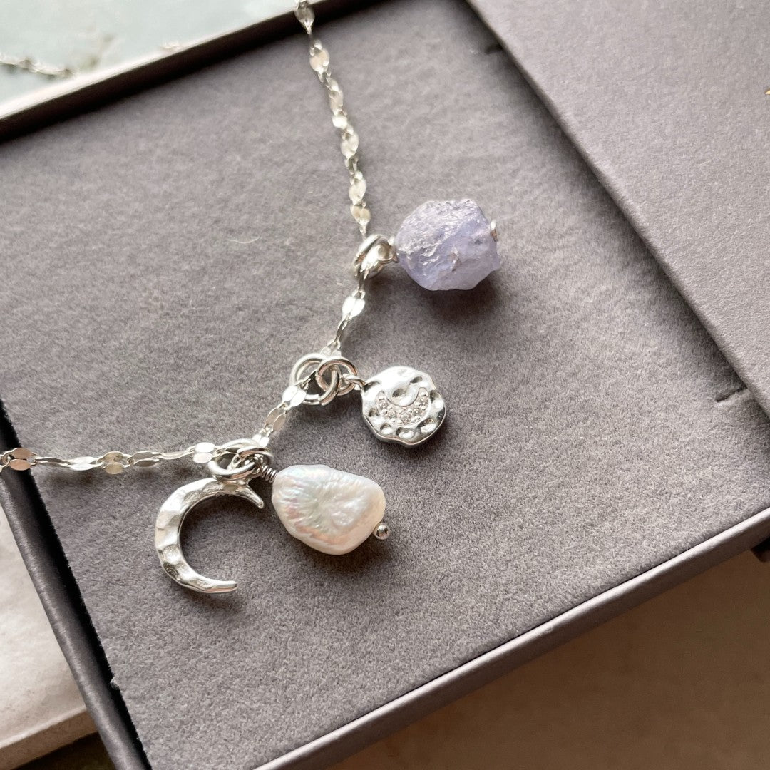Load image into Gallery viewer, Tanzanite Moon Charm Necklace | Positivity (Silver)
