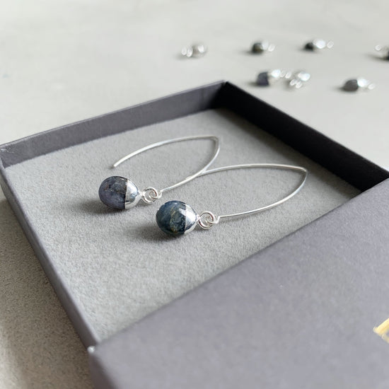 Tiny Tumbled Gemstone Dropper Earrings - Silver - SEPTEMBER, Sapphire - Decadorn