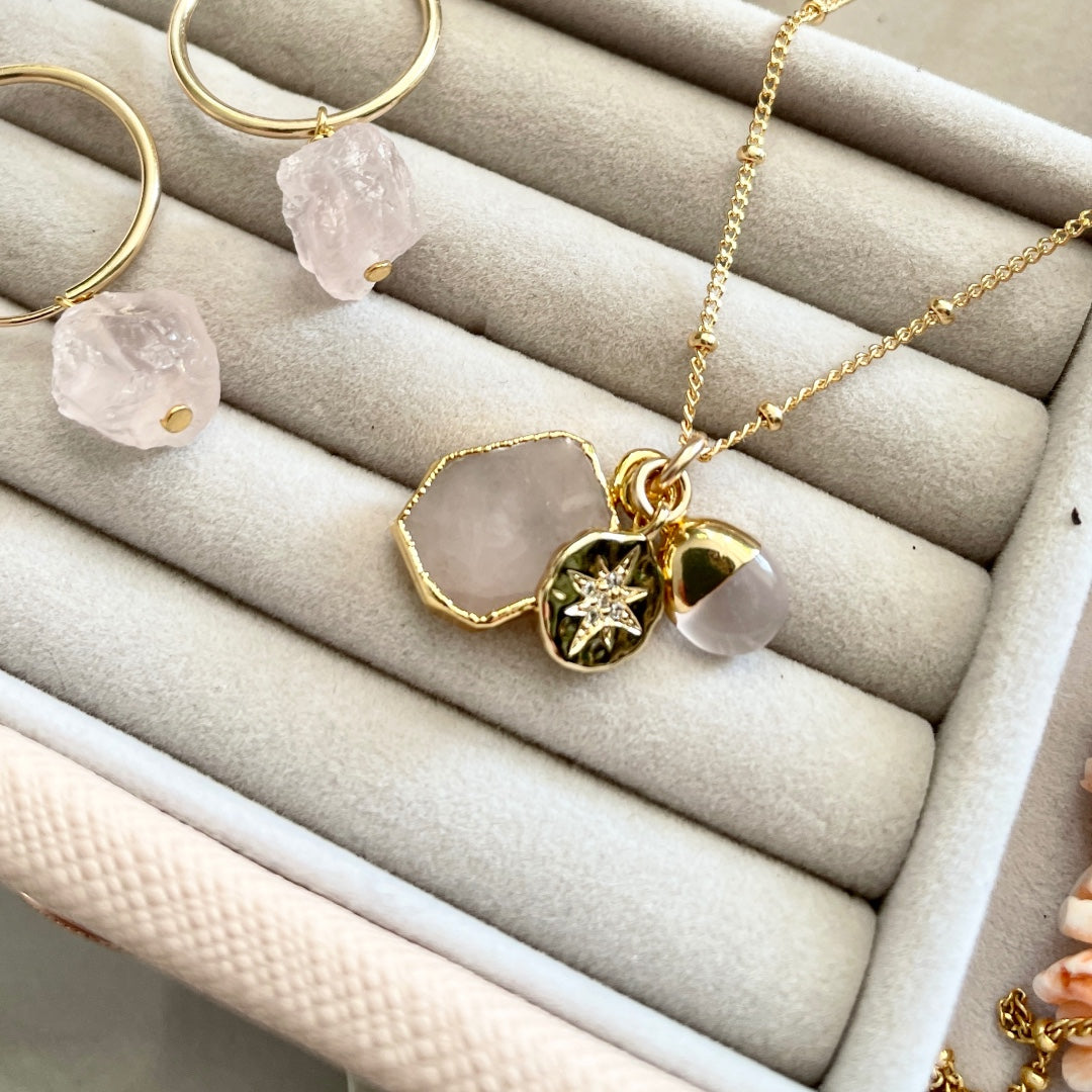 Rose Quartz Gem Slice Triple Necklace  | Love (Gold Plated)