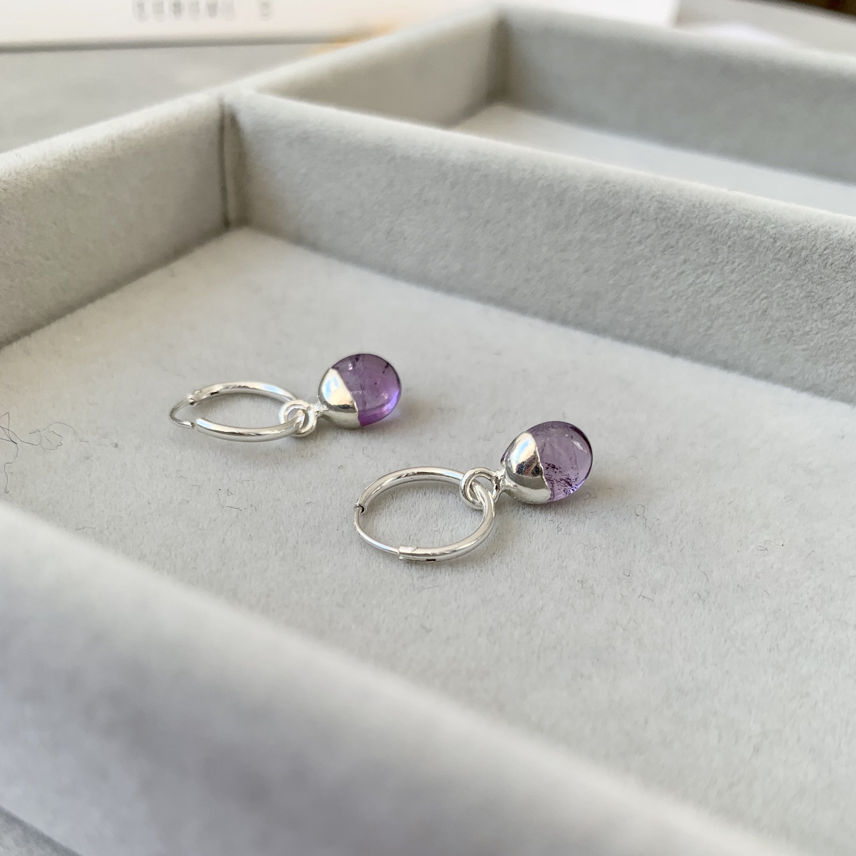 February Birthstone, Amethyst Hoop Earrings, Tiny Tumbled, Silver | Decadorn