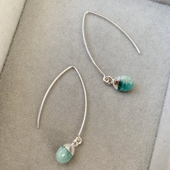 Tiny Tumbled Gemstone Dropper Earrings - Silver - Amazonite (Confidence) - Decadorn